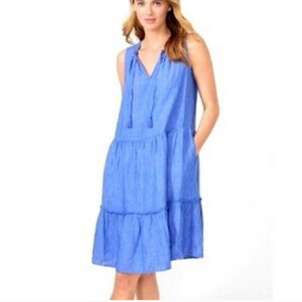 J. MCLAUGHLIN Coastal 100% LINEN CHRISTA TIERED SHIFT Vneck Summer Tassels Med